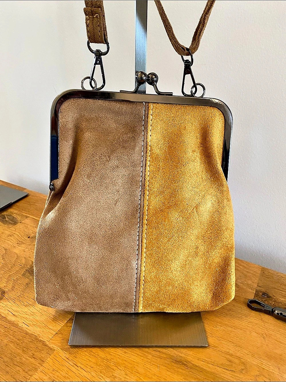 Two-Tone Frame Faux Suede Shoulder Bag and Clutch in Brown & Gold/Yellow